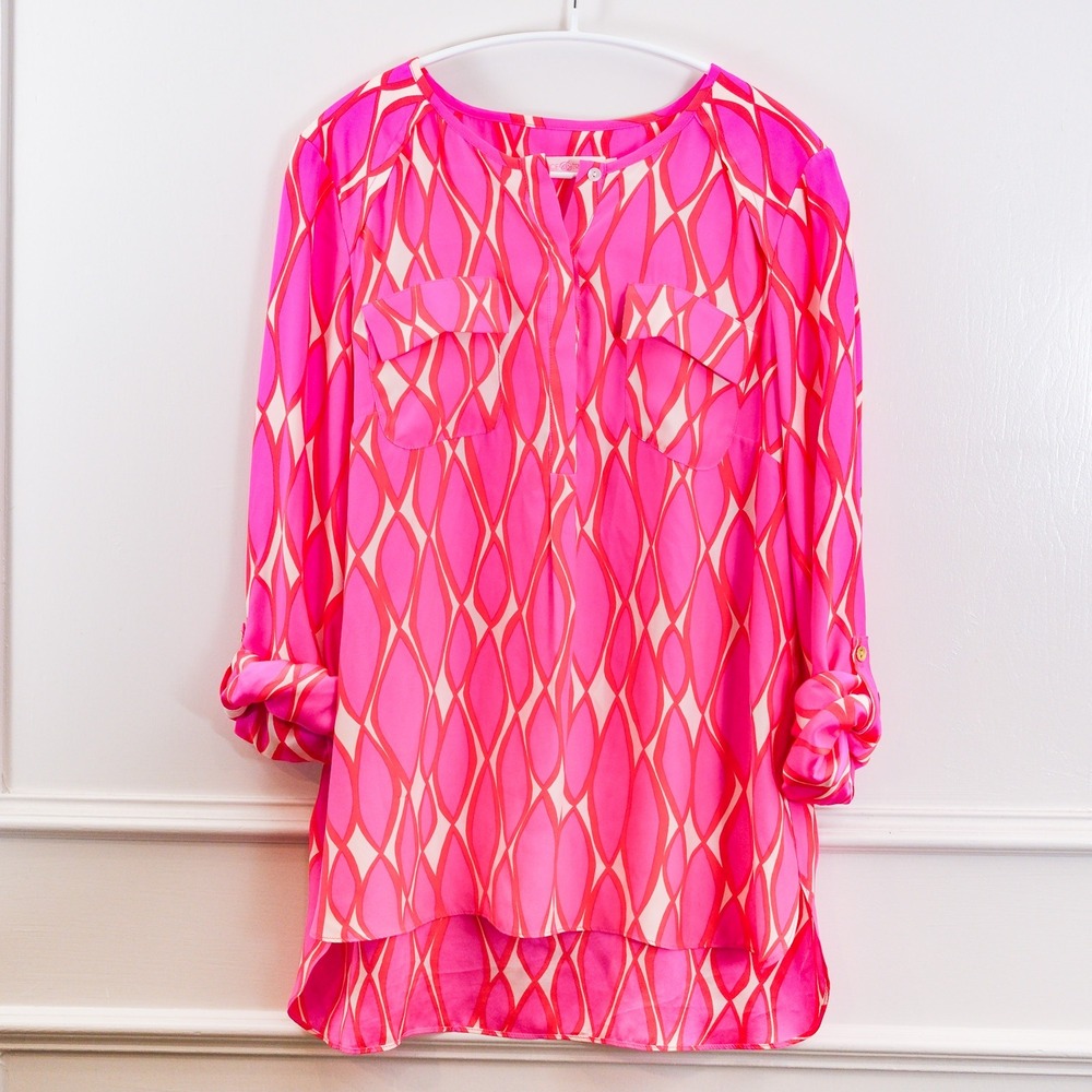Alice + Trixie Blouse Womens Silk Geometric Print M Pink Made in USA Casual